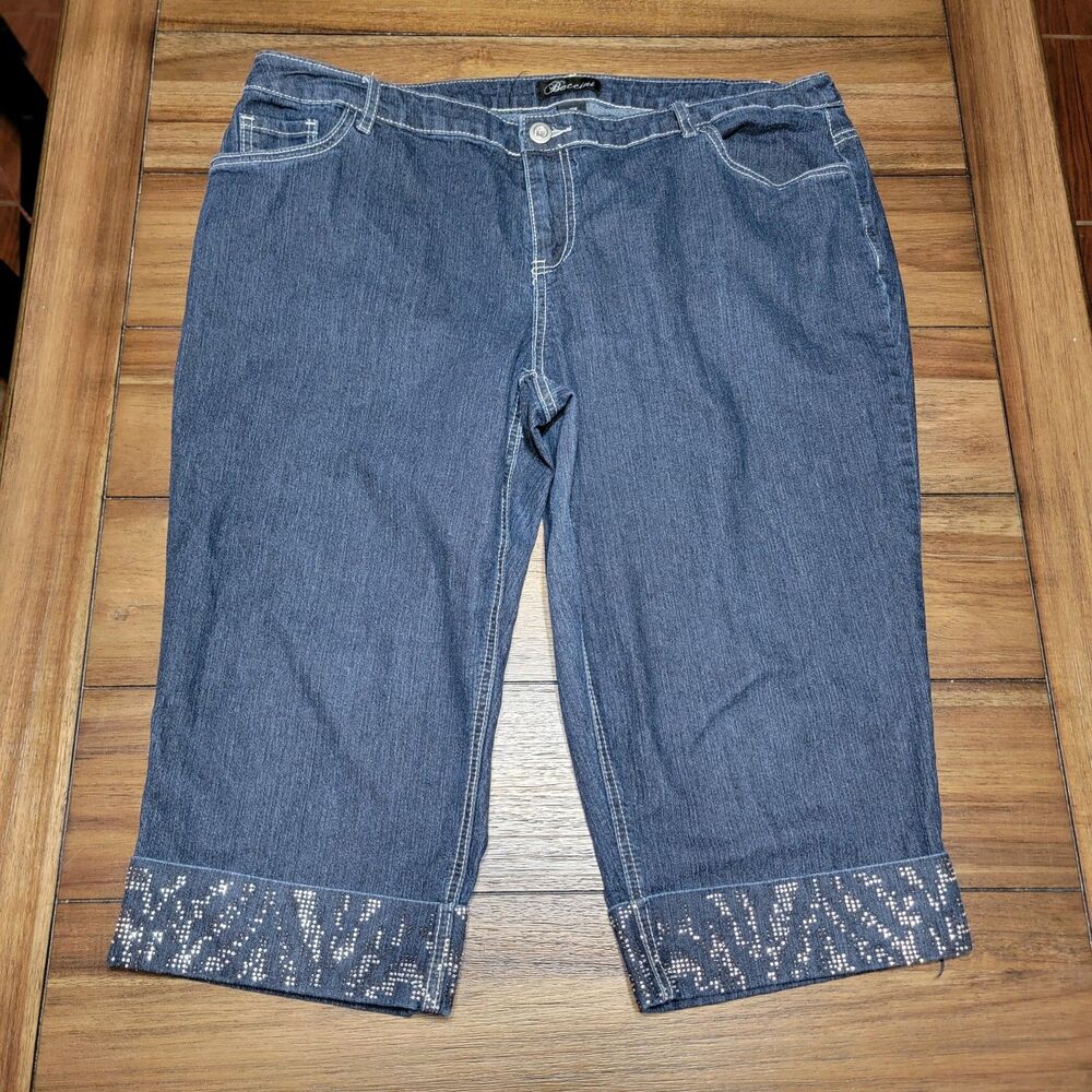 Baccini Dark Blue Denim Capris w/ Bling Cuffs - Size 18W